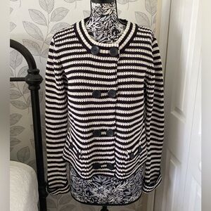 Talbots heavy cotton knit black and white striped sweater with button details